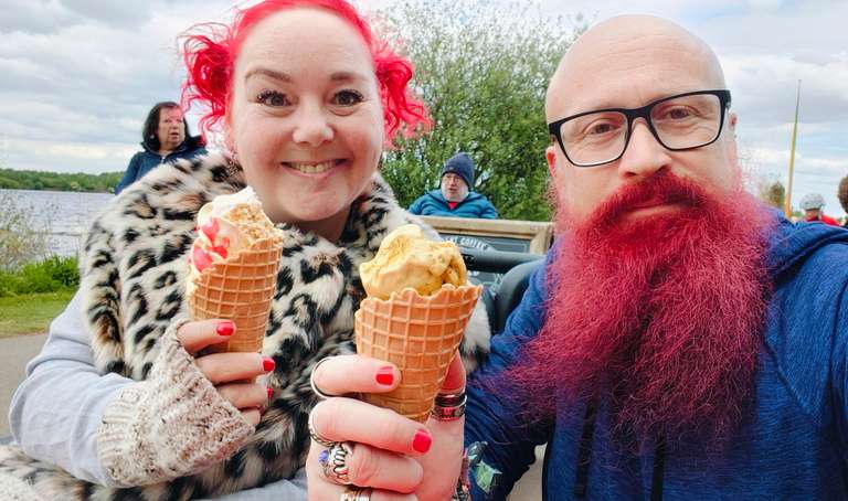 Me and Paul enjoying massive ice creams by the lake at Chasewater! I'm rocking my leopard print coat and bright pink hair while Paul's sporting his magnificent crimson beard. Nothing says 'British spring day out' like bundling up in winter gear to eat ice cream outdoors!