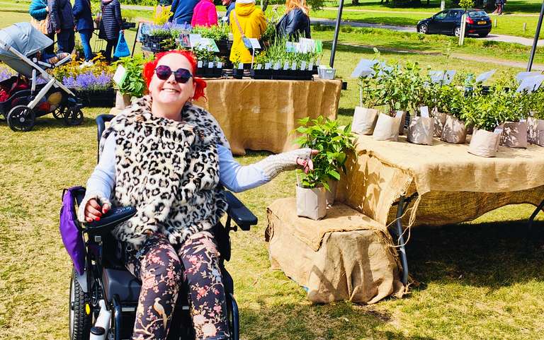 Me at the plant fair, reaching out to select a lovely little potted plant. My wheelchair's positioned perfectly next to the stall and I've got my eye on that green beauty! When you've got limited mobility, you develop a special appreciation for things that grow and thrive wherever they're planted.