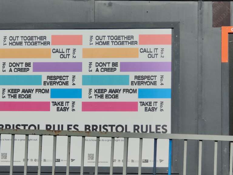 A public information poster titled 'BRISTOL RULES' with six numbered rules on colourful banners: 1. Out together, home together, 2. Call it out, 3. Don't be a creep, 4. Respect everyone, 5. Keep away from the edge, 6. Take it easy.