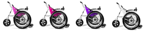 Four all-terrain Trekinetic wheelchairs lined up, showing the same model in different colours - hot pink, magenta, purple, and white. These are specialized outdoor wheelchairs with 3 wheels, 2 large front wheels, one smaller back wheel, and angled frames designed for off-road adventures. The chairs feature a streamlined design with a sports-like appearance, looking robust enough to handle rough terrain.