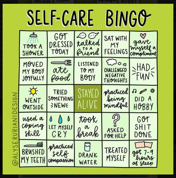 A bright yellow 'Self-Care Bingo' card featuring a 5x5 grid of wellness activities. The squares include simple acts like 'took a shower', 'got dressed today', 'ate food', and 'brushed my teeth', alongside emotional care items like 'sat with my feelings', 'let myself cry', and 'asked for help'. The center square says 'STAYED ALIVE' in larger text. Other squares mention 'moved my body joyfully', 'went outside', 'did a hobby', and 'got 7-9 hours of sleep'. It's designed to celebrate small wins and basic self-care achievements.