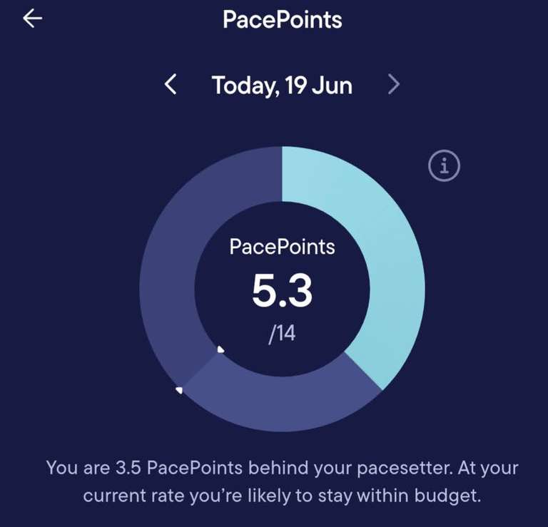 Screenshot of Pace Points on the Visible app showing 5.3 out of 14 points for June 19th, with message about being 3.5 points behind target but likely to stay within budget.