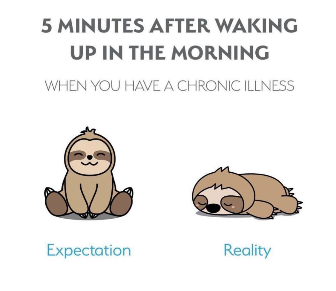 Meme showing two cartoon sloths - "Expectation" sloth sitting upright and smiling vs "Reality" sloth lying flat and exhausted, captioned "5 minutes after waking up in the morning when you have a chronic illness."