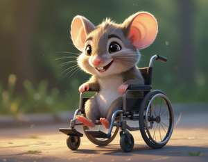 A cute cartoon mouse with large round ears and big dark eyes sits smiling in a black wheelchair. The mouse has grey and white fur and pink inner ears. The wheelchair is positioned on what appears to be a path or road, with a soft-focused green background suggesting an outdoor park or natural setting. Warm sunlight creates a gentle glow around the mouse, giving the image a cheerful, heartwarming feel.