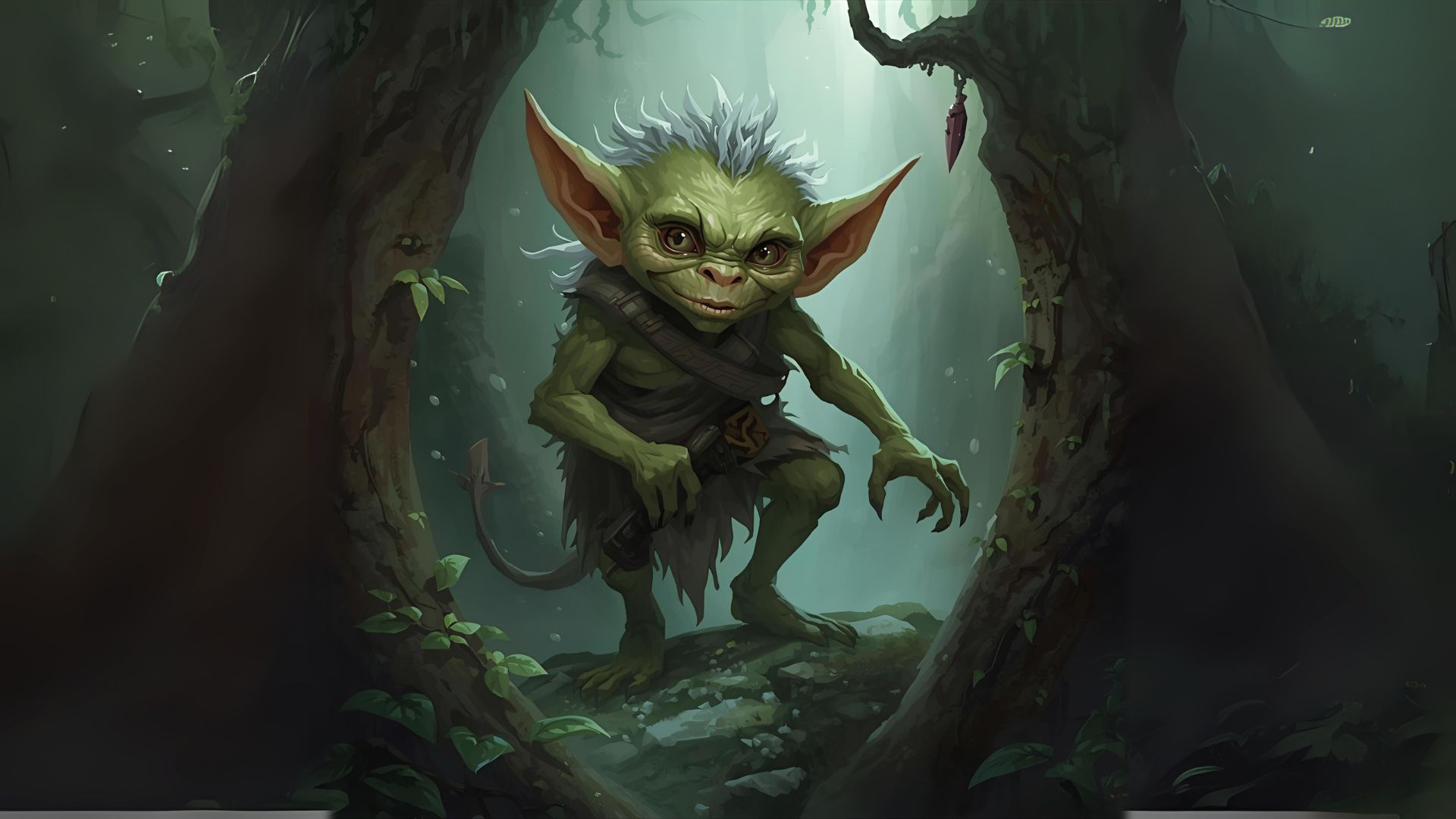 Digital artwork of a mischievous green goblin with large pointed ears and wild grey hair, crouched amongst twisted tree roots in a misty forest. The creature wears tattered brown robes and has an impish grin, perfectly capturing the folkloric Welsh Ellyllon - though considerably more charming than my chronic fatigue on a Monday morning.