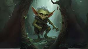 Digital artwork of a mischievous green goblin with large pointed ears and wild grey hair, crouched amongst twisted tree roots in a misty forest. The creature wears tattered brown robes and has an impish grin, perfectly capturing the folkloric Welsh Ellyllon - though considerably more charming than my chronic fatigue on a Monday morning.