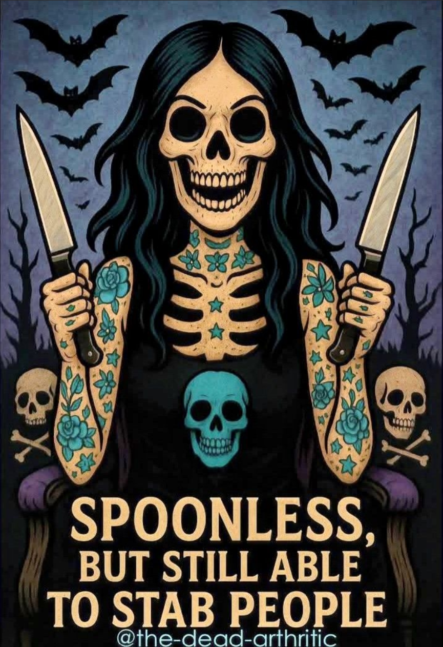 Digital artwork showing a skeleton figure with long dark hair and tattoos, sitting in a purple chair. The skeleton is holding two knives and wearing a black t-shirt with a skull design. Bats fly in the background against a grey sky with bare trees. The skeleton has turquoise floral tattoos on both arms and small skulls are visible on either side. Text at the bottom reads 'SPOONLESS, BUT STILL ABLE TO STAB PEOPLE' with a social media handle '@the-dead-arthritic'. The image uses a gothic art style with muted colours - purples, greys, and turquoise accents.
