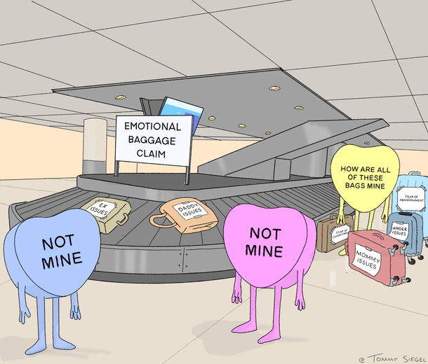 Cartoon illustration of an airport baggage claim area with a conveyor belt system. The scene shows anthropomorphised heart-shaped "Lovehearts" candy with arms and legs walking around. In the foreground, a blue suitcase character and a pink suitcase character both have 'NOT MINE' written on them. A yellow bag character in the background has a speech bubble saying 'HOW ARE ALL OF THESE BAGS MINE'. Various other luggage pieces are scattered around the baggage claim area, including what appears to be brown and other colored bags with labels. There's a sign reading 'EMOTIONAL BAGGAGE CLAIM' hanging from the ceiling. The setting has typical airport features like drop ceiling tiles, fluorescent lighting, and beige walls. The cartoon is signed by the artist @TommySiegel in the bottom right corner.