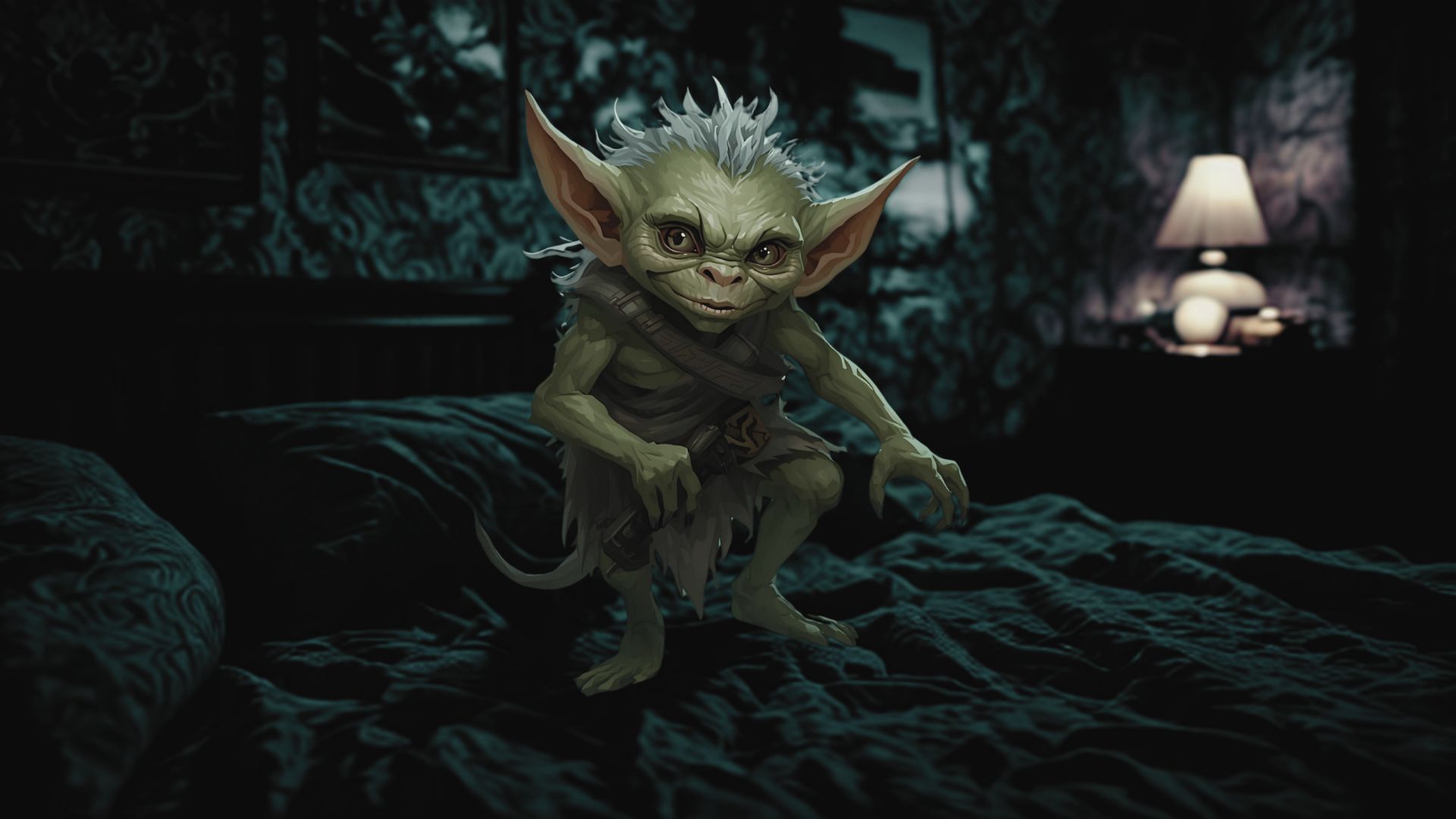 Digital artwork of the familiar green Ellyllon goblin now perched on a rumpled bed in a dimly lit bedroom, with wild grey hair and pointed ears, wearing tattered brown robes. A bedside lamp glows softly in the background, casting shadows across the blue-green bedding - rather like having an uninvited mythical creature representing one's bedridden days.