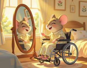 **Alt-text:**  A cheerful cartoon mouse in a wheelchair smiles at their happy reflection in a bedroom mirror, bathed in warm golden sunlight. The cosy room features floral artwork and soft curtains, creating an uplifting scene of self-acceptance and joy.