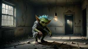 A small green goblin-like creature with pointed ears and blue spiky hair crouches in an abandoned, dilapidated room. Sunlight streams through a dirty window, and a single bare lightbulb hangs from the ceiling, casting shadows in the grey, decaying space scattered with debris. The creature represents an Ellyllon - a mischievous sprite from Welsh folklore.
