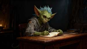 An Ellyllon, a green goblin-like creature with pointed ears and blue spiky hair sits at a wooden desk in a dimly lit room, writing in an open journal by candlelight. The Ellyllon wears tattered grey robes and appears focused on putting pen to paper, capturing the act of journaling through dark times.