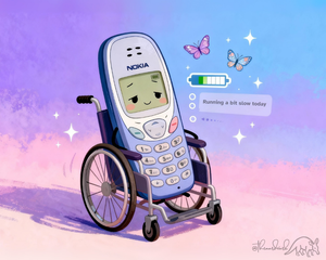 A whimsical illustration of an anthropomorphized Nokia 3210 mobile phone with a tired but friendly face, sitting in a wheelchair against a pastel purple and blue gradient background. The phone displays a low battery indicator and a text message reading "Running a bit slow today". Butterflies and sparkles float nearby, creating a hopeful, positive atmosphere.