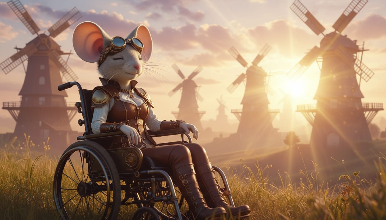 A steampunk-styled white mouse character wearing aviator goggles and brown leather gear sits peacefully in a wheelchair with eyes closed, listening to music, with windmills silhouetted against a golden sunset sky - representing dreams, music and wheely happy days ahead