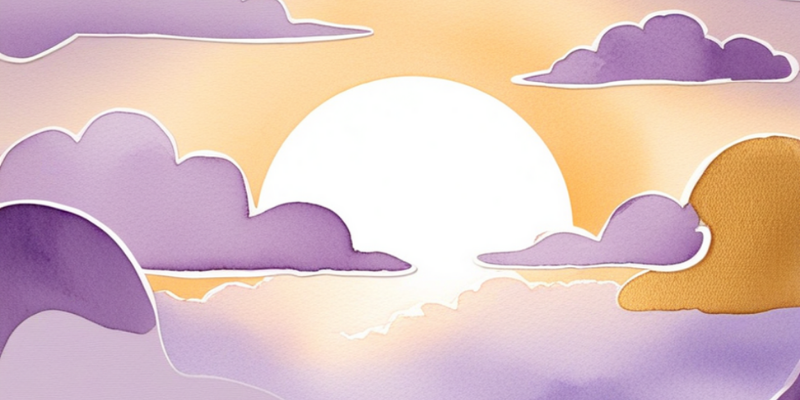 Soft watercolour illustration of purple clouds against a warm golden sunset sky, with a gentle sun breaking through, conveying hope and peaceful healing.