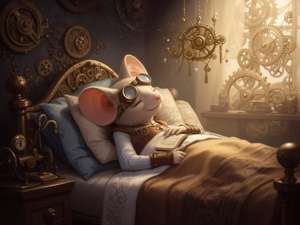 Steampunk white mouse in brass goggles and waistcoat, sleeping peacefully in an ornate bed surrounded by golden clockwork gears and mechanisms, holding an open book, bathed in warm golden light.