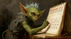 AI Image that looks like a classical painting. It shows a mischievous green goblin-like creature with pointed ears marks dates on a large calendar, tracking the passage of time with a knowing grin - representing the Ellyllons (chronic illness symptoms) keeping tabs on their first year together.