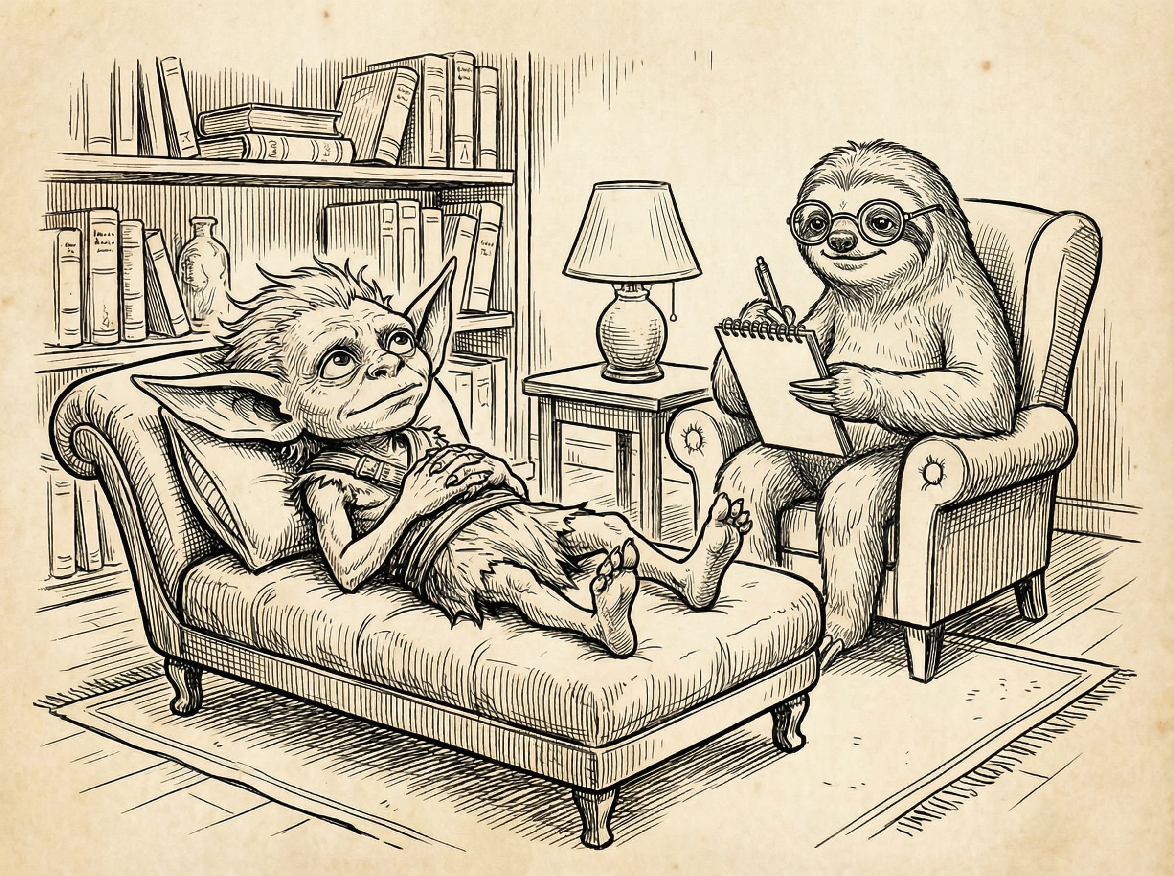 A vintage-style pen and ink illustration showing a therapy session between an Ellyllon (mischievous goblin-like creature with pointed ears) lounging on a chaise longue and a bespectacled sloth counsellor sitting in an armchair with notepad and pen - a humorous take on seeking professional help to manage chronic illness symptoms, with the irony that the therapist moves even slower than the patient.