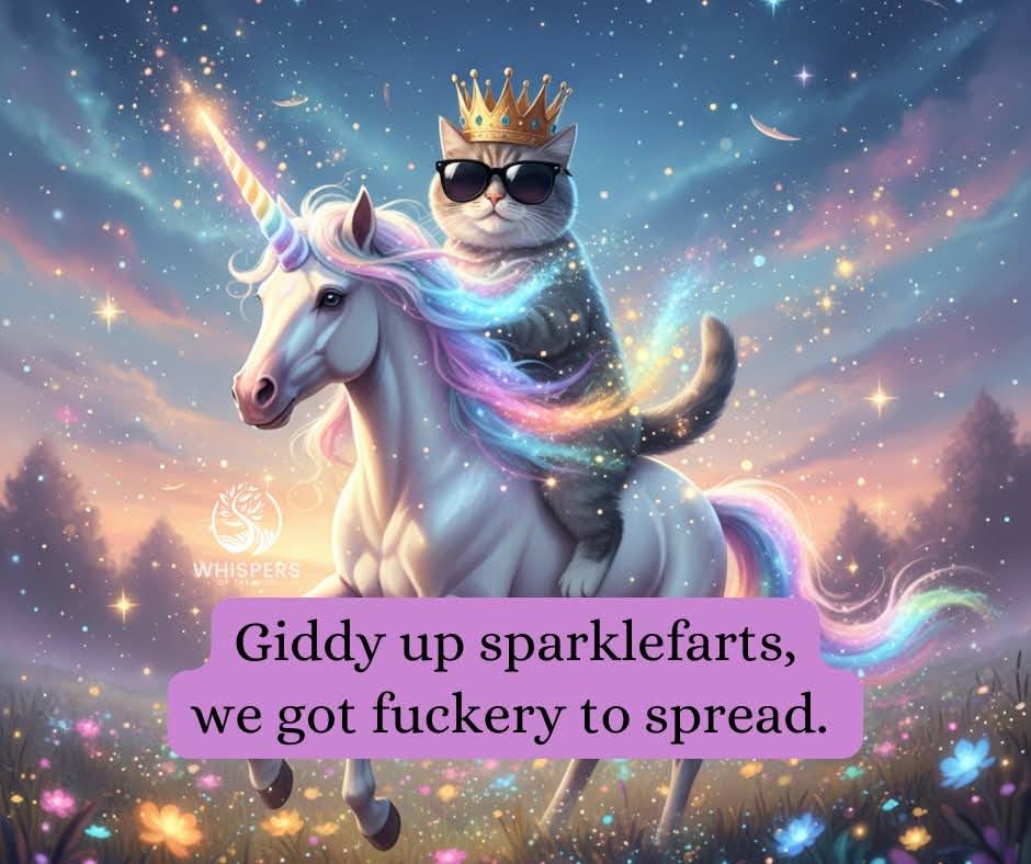 A majestic cat wearing sunglasses and a crown, riding a sparkly unicorn through a cosmic galaxy background, because why the hell not? The text reads 'Giddy up sparklefarts, we got fuckery to spread.' This is exactly the energy I had yesterday before the Ellyllons decided to teach me a lesson about consequences. This cat gets it.