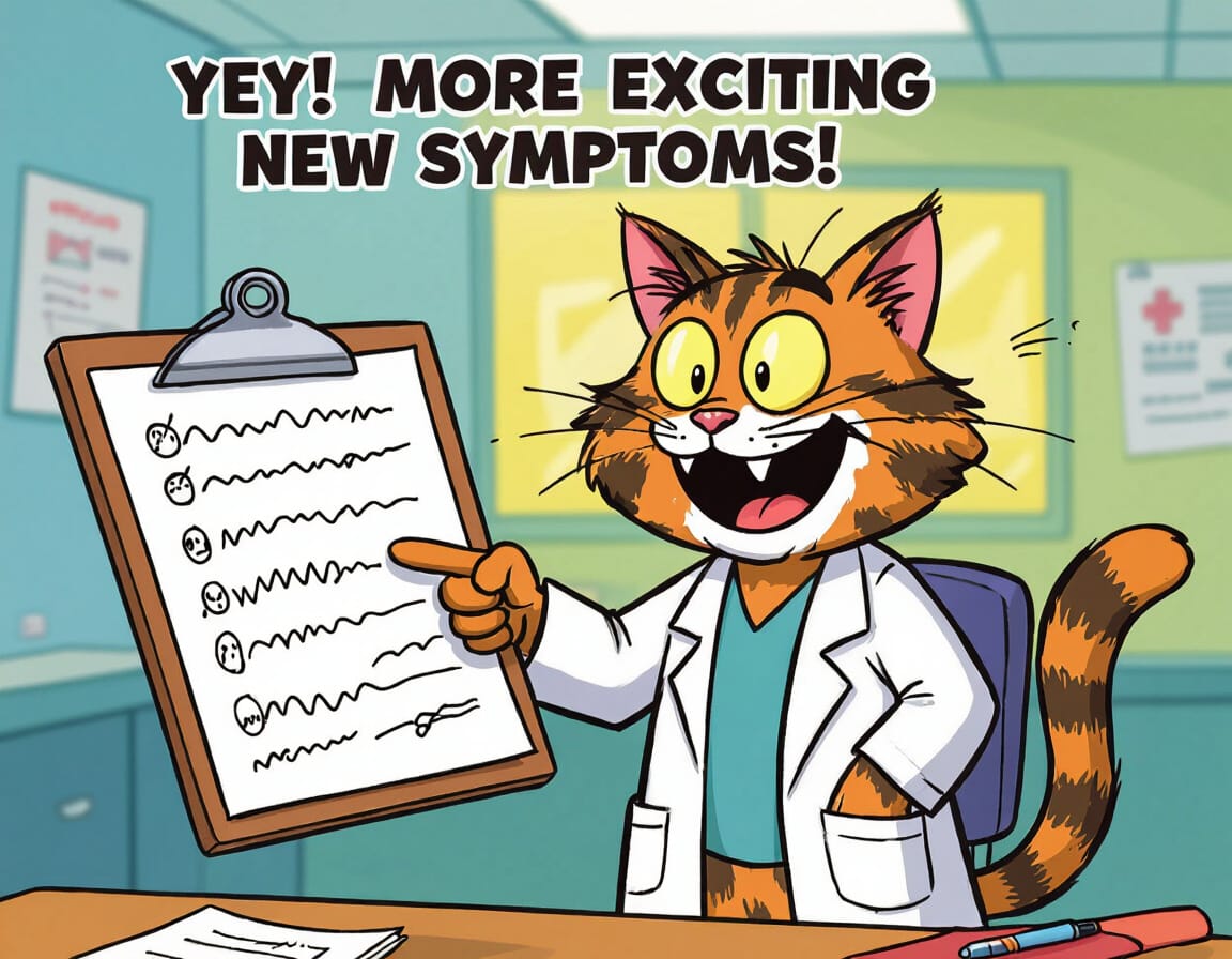 Cartoon orange striped cat wearing a white doctor's coat and stethoscope, enthusiastically pointing at a clipboard with an illegible symptoms list. Text reads 'YEY! MORE EXCITING NEW SYMPTOMS!' The cat's overly cheerful expression contrasts sarcastically with the reality of developing new chronic illness symptoms. Medical office background with health posters visible.