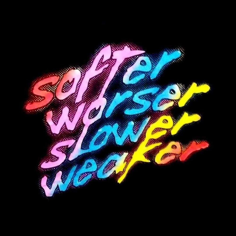 **Alt-text:**  Retro 80s-style 3D text reading "softer worse slower weaker" in gradient colors transitioning from pink to blue to yellow to red, with halftone dotted shadow effects, set against a black background. The typography has a neon, almost ironic aesthetic that contrasts the harsh self-criticism of the words with playful vintage design.