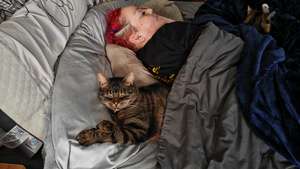 A woman with bright red hair lies on her side in bed facing away from the camera. She is clearly exhausted, surrounded by pillows and blankets in various shades of grey and blue. A mackerel cat lies contentedly behind her, half under the duvet, eyes half-closed in that smug way cats have when they know they're providing essential medical services. The person's face shows the particular kind of knackered that comes from chronic illness flare-ups. The scene captures that classic spoonie survival mode: horizontal, cat-accompanied, and definitely not moving anytime soon.