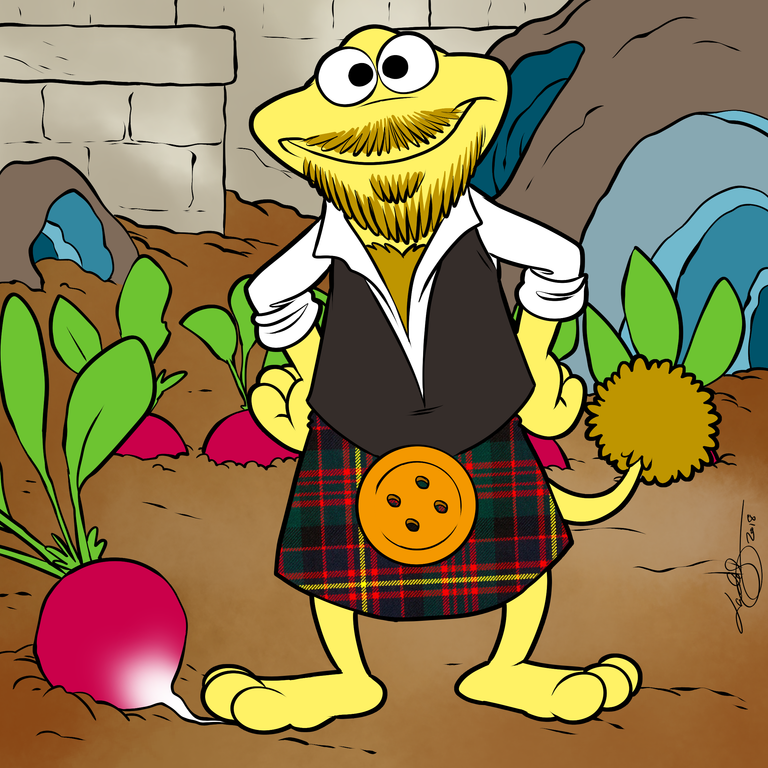 A cartoon illustration of a yellow Fraggle character with large googly eyes and a golden-yellow moustache and beard, wearing a white shirt, dark waistcoat, and a red, green, and yellow tartan kilt with an orange button as a sporran. The character has a tail and stands in the Gorgs' garden with brown rocky walls, green plants, and pink radishes growing from the ground. The style mimics Jim Henson's Fraggle Rock aesthetic.