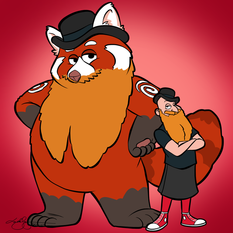 A cartoon illustration in Pixar's 'Turning Red' animation style showing a large fluffy red panda with orange and white fur, wearing a black bowler hat, standing beside a human character. The human figure wears a black bowler hat, has a ginger beard, and is dressed in a dark grey top, skirt, and red trainers with white laces. The character stands with arms crossed in a confident pose next to the giant red panda. Set against a gradient red background that shifts from deep red at the edges to lighter pink in the centre, matching the film's vibrant aesthetic.