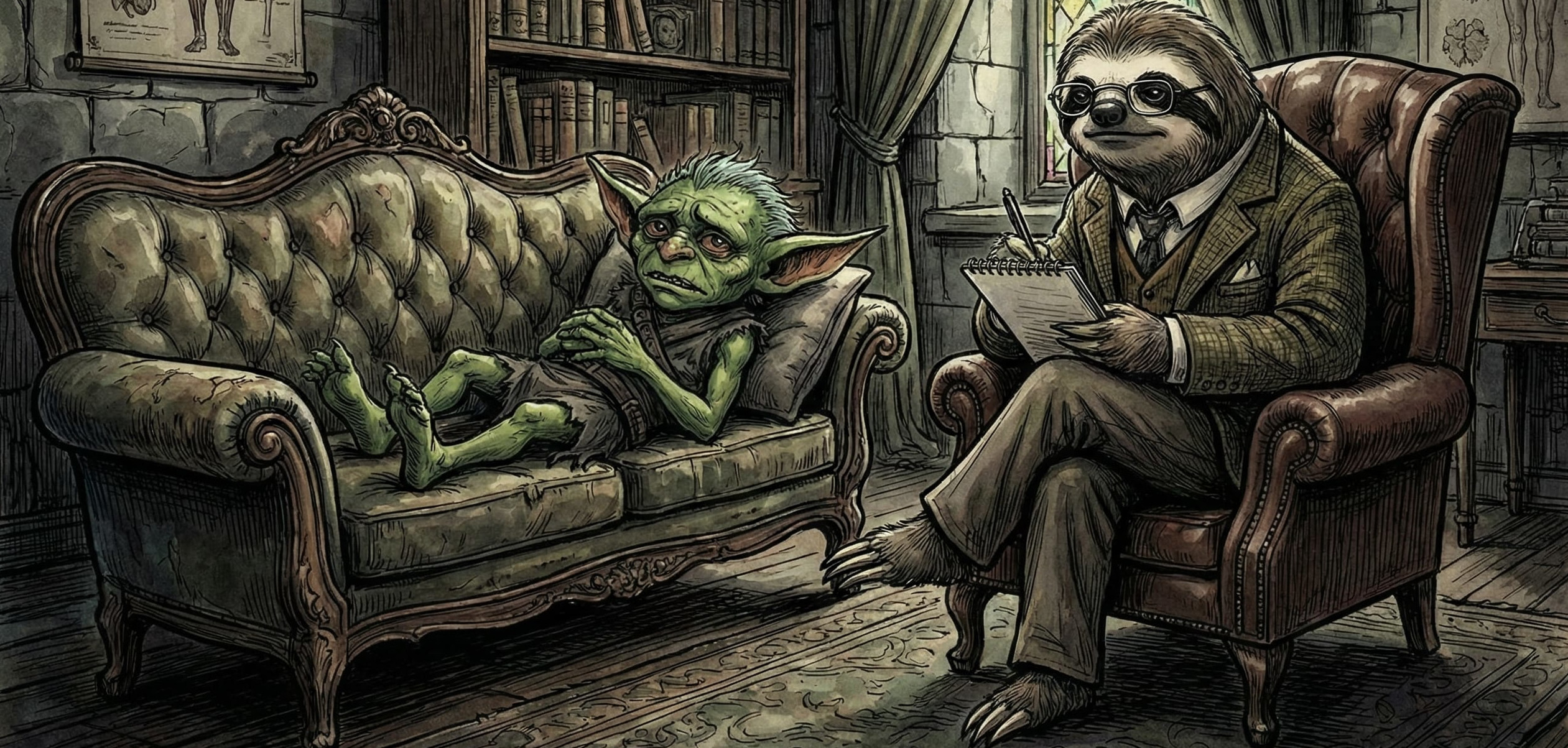 Digital illustration of an Ellyllon, a mythical Welsh goblin, lying on a therapist's couch in a gloomy, gothic-styled study. The Ellyllon is green-skinned, wide-eyed, and looking thoroughly sorry for itself. Opposite sits a sloth in a tweed suit, round glasses, and a tie, holding a notepad and pen with an air of professional patience. Bookshelves, stone walls, and heavy curtains complete the scene. Someone's clearly got a lot to work through.