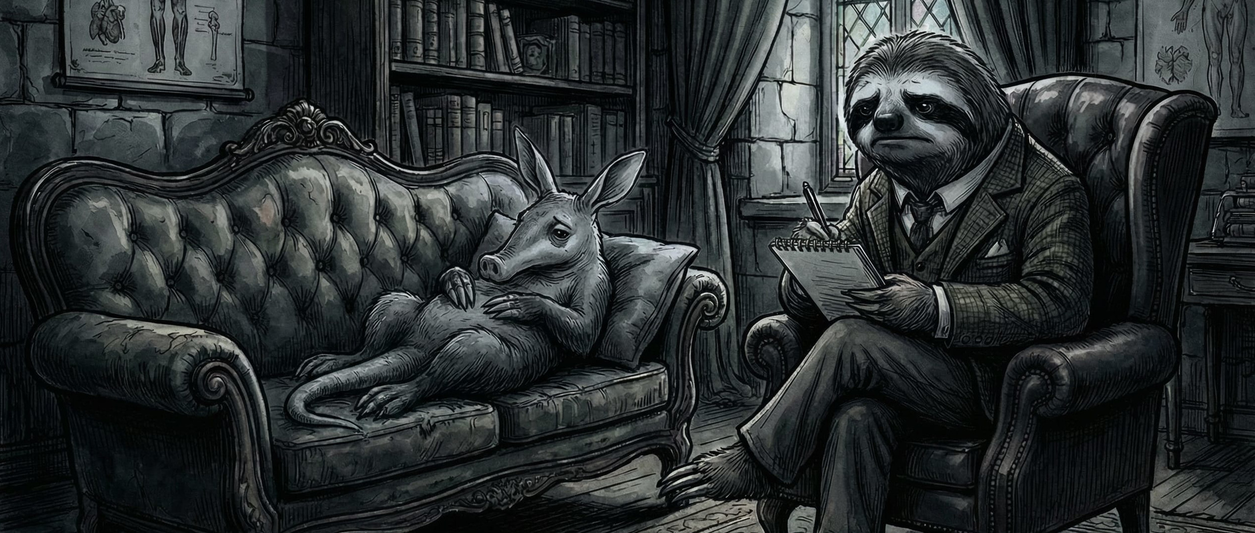 A dark, monochrome illustrated image in a gothic style. An aardvark lies on a tufted chaise longue in a dimly lit, stone-walled study, looking weary and troubled. Opposite, a sloth dressed in a suit sits in an armchair, notepad in hand, with a grave expression. Bookshelves, heavy curtains, and faint light from a leaded window complete the sombre atmosphere. The scene depicts a counselling session.