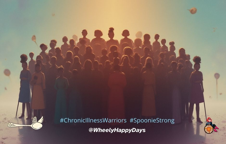 A large group of silhouetted figures bathed in warm golden and teal light. The group includes people using walking aids. Decorative spoons float around them. The Wheely Happy Days logo sits bottom left alongside the hashtags #ChronicIllnessWarriors and #SpoonieStrong, and the handle @WheelyHappyDays.