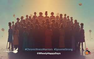 A large group of silhouetted figures bathed in warm golden and teal light. The group includes people using walking aids. Decorative spoons float around them. The Wheely Happy Days logo sits bottom left alongside the hashtags #ChronicIllnessWarriors and #SpoonieStrong, and the handle @WheelyHappyDays.