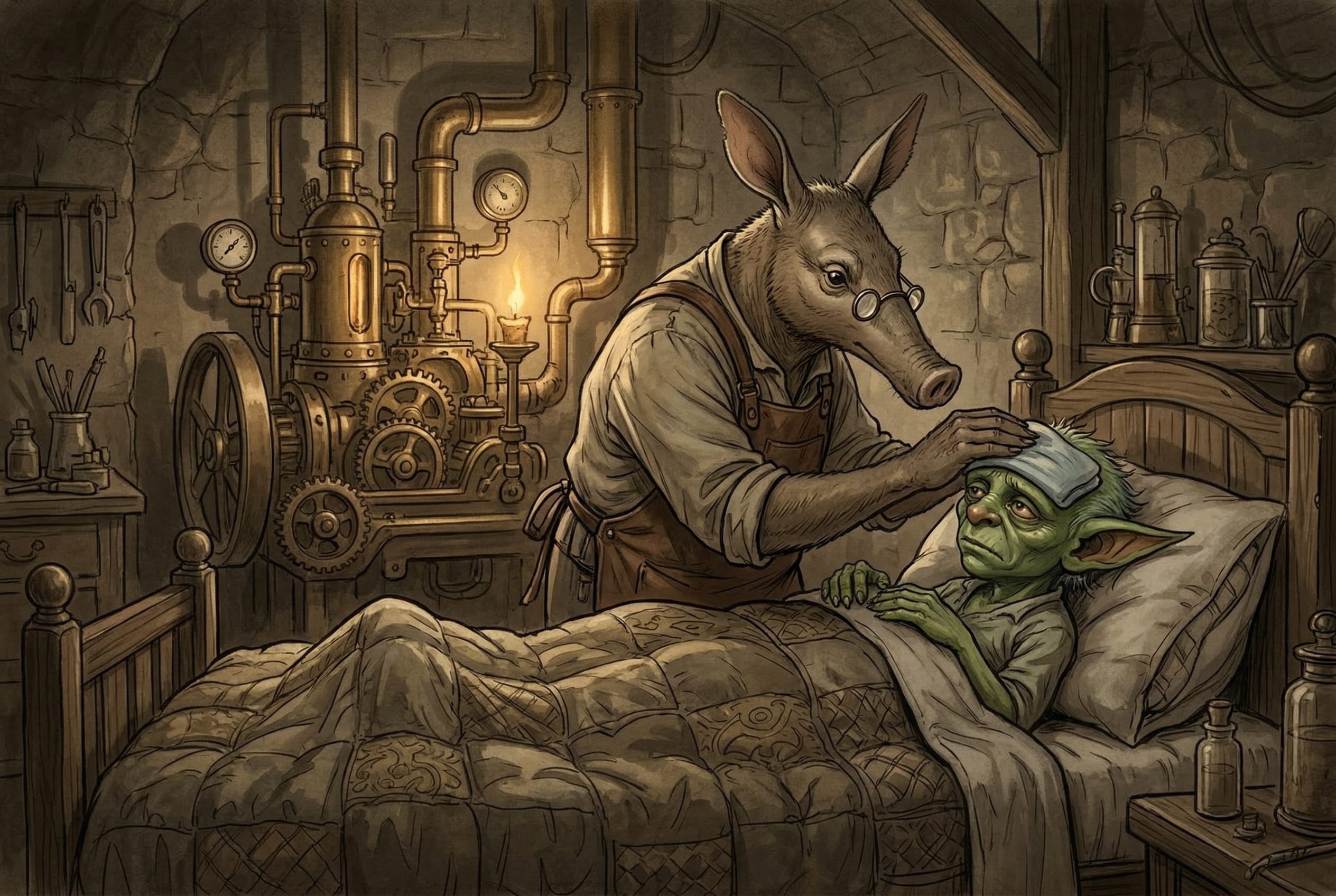 A steampunk fantasy illustration of an aardvark in a leather apron and spectacles, tending to a small green elf-like creature tucked up in a wooden bed with a damp cloth on their forehead. The sickly patient gazes up with weary, suffering eyes while their carer places a concerned hand on their brow. Behind them, an elaborate brass pipe and gear mechanism glows warmly in a candlelit stone room, surrounded by mysterious bottles and potions. Essentially: theaardvark tending to a poorly Sha. As depicted by a fantasy artist who has never met either of them but absolutely nailed the energy.
