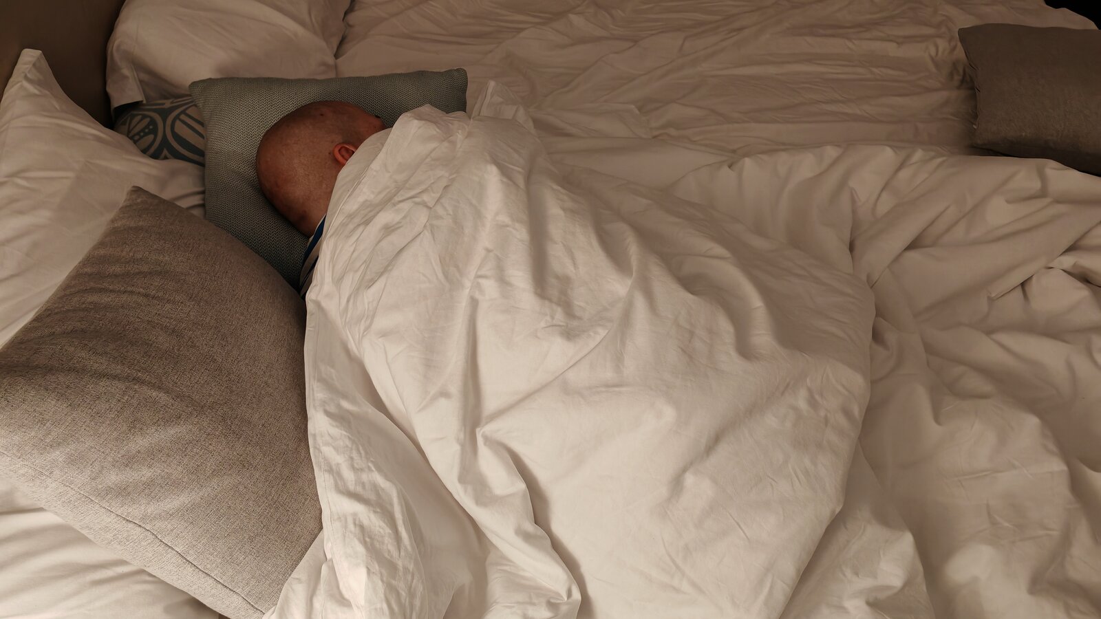 Sha resting in bed under a white duvet, eyes closed, dim evening light, surrounded by grey and white pillows.