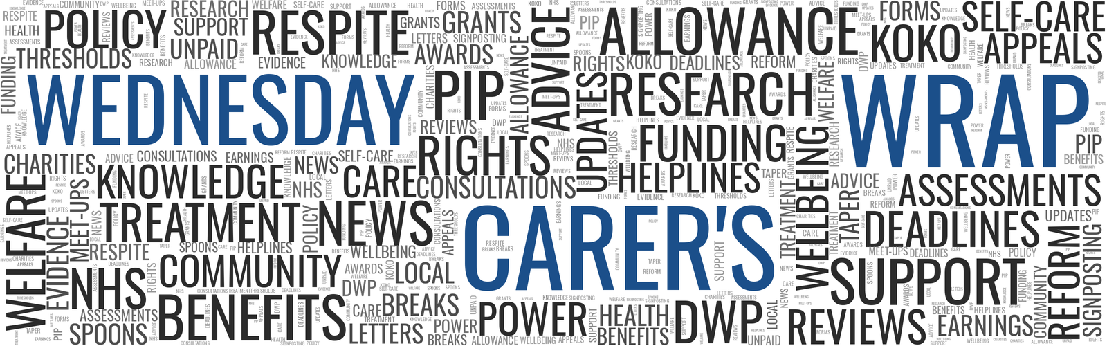 A word cloud packed edge to edge with words from the world of caring, Allowance, PIP, Respite, Benefits, Research, Deadlines and dozens more in shades of grey, with Wednesday, Carer's and Wrap standing out large in blue. Yes, KOKO snuck in there too.