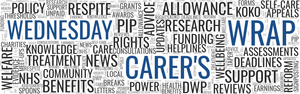 A word cloud packed edge to edge with words from the world of caring, Allowance, PIP, Respite, Benefits, Research, Deadlines and dozens more in shades of grey, with Wednesday, Carer's and Wrap standing out large in blue. Yes, KOKO snuck in there too.
